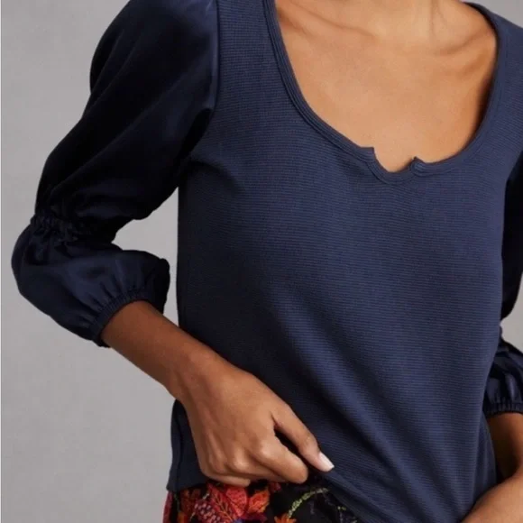 Anthropologie Maeve XL Blue Ribbed Satin Tiered Balloon Sleeve Shirt - Picture 2 of 12